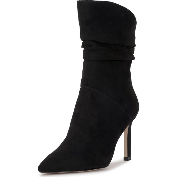 Shoes - Women's Black Suede Elisti Pull On Stiletto high heel Mid Calf Boots Shoes